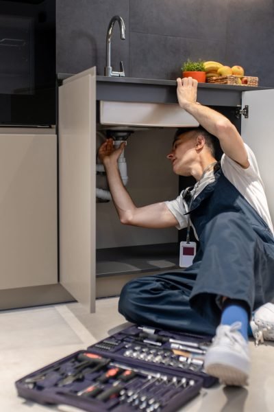 Household repair. Middle aged man in blue jumpsuit reclining professionally inspecting pipe touching hand under sink in stylish modern kitchen